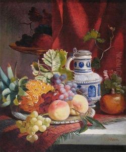 Still Life Of Fruit And A Stoneware Vase On A Ledge by Joseph Denovan Adam