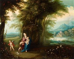Wooded Landscape With The Virgin, Christ Child And Saint John by Peeter Van Avont