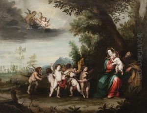 La Sainte Famille Avec Des Anges Dansant Et Jouant De La Musique by Peeter Van Avont