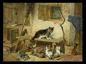 Katze Mit Vier Jungen Vor Bauernhaus