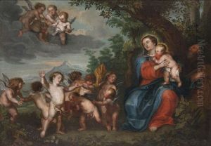 Paysage Anime De La Sainte Famille Et De Putti Pendant La Fuite En Egypte Paysage Anime De La Sainte Famille Et De Putti Pendant La Fuite En Egypte