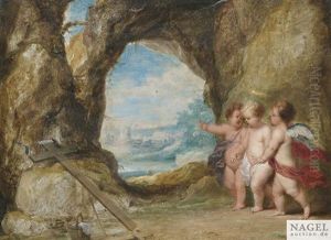 Der Christus- Und Johannesknabe Mit Einem Engel Am Heiligen Grab