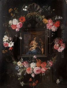 La Vierge A L'enfant Jesus Et Saint Jean Entoures D'une Guirlande De Fleurs by Peeter Van Avont