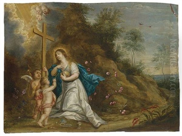 St. Catherine In A Landscape Laureated By Putti (+ Mary Magdalene In Penitence In A Landscape With Putti; Pair) - view 1