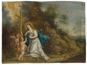 St. Catherine In A Landscape Laureated By Putti (+ Mary Magdalene In Penitence In A Landscape With Putti; Pair) by Peeter Van Avont