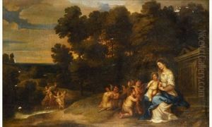 Vierge A L'enfant Avec Saint Jean Baptiste Et Angelots Dans Un Paysage by Peeter Van Avont