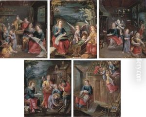 Scene From The Childhood Of Christ: An Interior With The Holy Family And Two Angels (+ 4 Others; 5 Works) by Peeter Van Avont