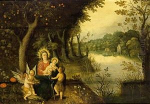 The Madonna And Child With St. John And Putti In A Wooded River Landscape, A Village Beyond