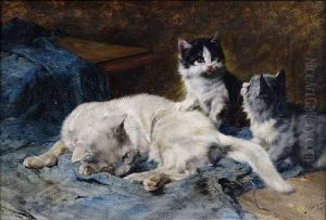 Mother Cat With Two Kittens by Julius Adam