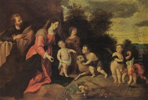 The Holy Family With St. John The Baptist, An Angel And Putti In A Landscape, A Fruit Still Life In The Foreground by Peeter Van Avont