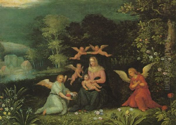 Madonna Mit Kind Und Engeln Vor Waldlandschaft Mit Gebauden Am See Links Im Hintergrund - view 1
