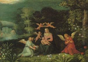 Madonna Mit Kind Und Engeln Vor Waldlandschaft Mit Gebauden Am See Links Im Hintergrund by Peeter Van Avont