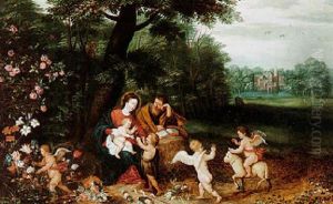 Wooded Landscape With The Holy Family, The Infant Saint John The Baptist And Putti, A Castle And A Lake Beyond by Peeter Van Avont