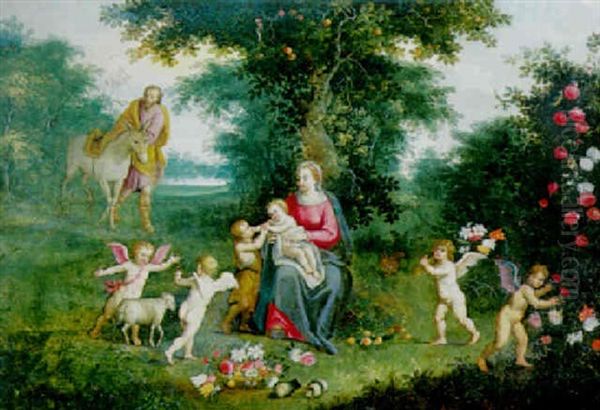 Vierge Et L'enfant, Saint Jean Baptiste, Saint Joseph Et Anges Sur Fond De Paysage - view 1