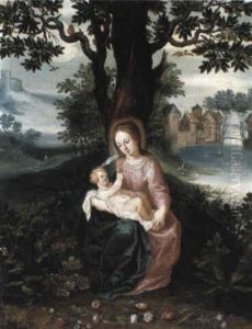 The Virgin And Child Beneath Tree In Extensive Landscape by Peeter Van Avont