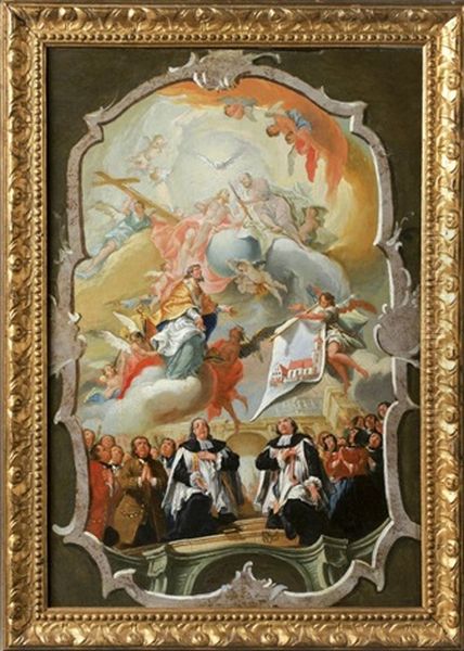 Bozetto Fur Deckenfresko Mit Darstellung Der Kirchengemeinde In Der
Unteren Halfte, Im Himmel Die Heilige Dreifaltigkeit Vor Dem Bauplan Der Kirche - view 1
