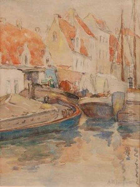 View Of A Harbour With Barges And Sailing Boats Before Buildings - view 1