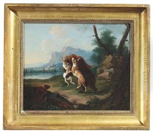 Drei Jagdhunde Greifen Einen Braunbaren An, Ein Vierter Setzt Zum Sprung An by Leopold Axtmann