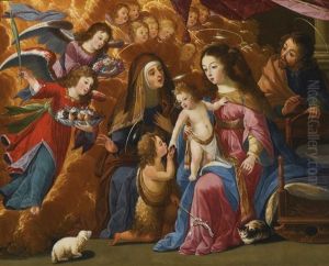 Holy Family With The Infant Saint John The Baptist, Saint Elizabeth And Angels by Josefa De Ayala