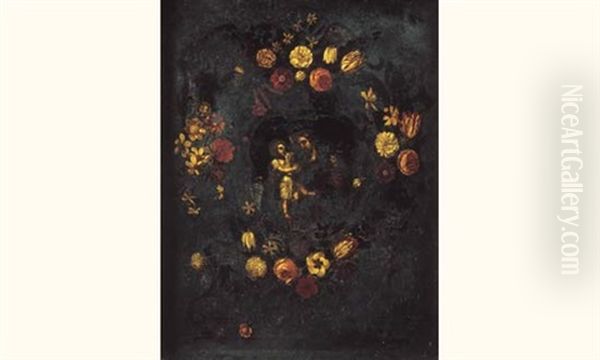 St. Joseph Et L'enfant Jesus Dans Une Guirlande De Fleurs - view 1