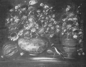 Mixed Flowers In A Bowl With An Urn, Bird And Fruit On A    Ledge