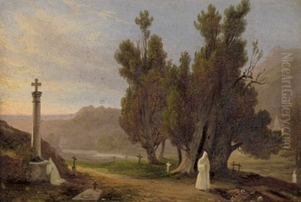 Landschaft Mit Zwei Monchen Auf Einem Friedhof - view 1