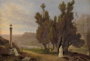 Landschaft Mit Zwei Monchen Auf Einem Friedhof