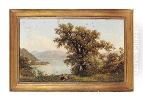 A Child And Hound Resting By A Lake In A Mountainous Landscape, A Village Beyond - view 1
