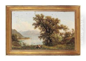 A Child And Hound Resting By A Lake In A Mountainous Landscape, A Village Beyond A Child And Hound Resting By A Lake In A Mountainous Landscape, A Village Beyond