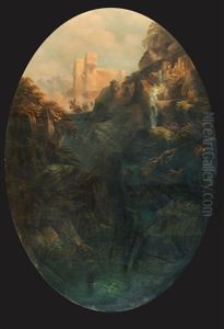 Paesaggio Montano Con Castello Sullo Sfondo E Schermaglia Tra Soldati Su Un Ponte Paesaggio Montano Con Castello Sullo Sfondo E Schermaglia Tra Soldati Su Un Ponte