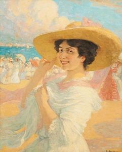 Jonge Vrouw Met Hoed Op Het Strand Aan De Middellandse Zee by Ernest Azema