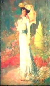 Kvinna Med Parasoll I Blommande Tradgard by Marius Ernest Joseph Azema