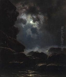 Rocky Coast At Moonlight by Knud (Andreassen) Baade