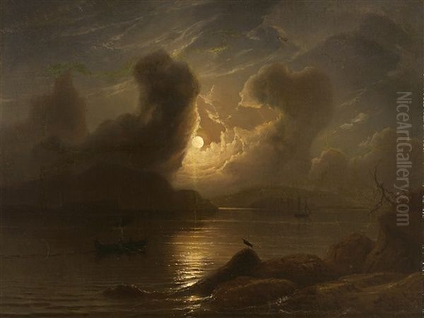 Vollmond Uber Flusslandschaft Mit Fischer- Und Segelboot - view 1