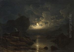 Kystlandskap Med Folkeliv I Maneskinn by Knud (Andreassen) Baade