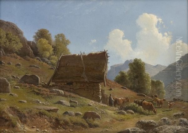 Milkmaid With Cattle By A Summer Farm - view 1