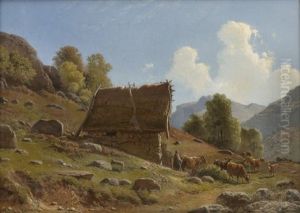 Milkmaid With Cattle By A Summer Farm by Knud (Andreassen) Baade