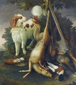 Still Life: A Liver And White Spaniel, Flintlock Rifle And The Days Bag In A Landscape by Johan-Michael Baader