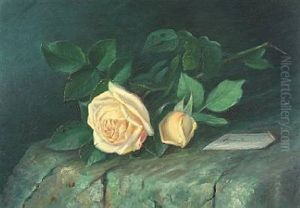 Roses On A Stone Bench by Alfrida Baadsgaard