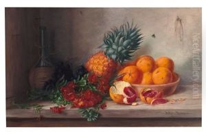 Stilleben Mit Orangen, Ananas, Rotweinflasche Und Goldlack by Alfrida Baadsgaard