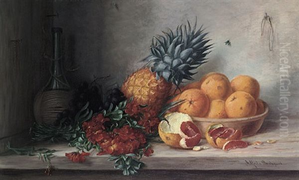 Fruchtestilleben Mit Orangen, Ananas, Flox Und Chianti-flasche - view 1
