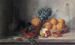 Fruchtestilleben Mit Orangen, Ananas, Flox Und Chianti-flasche by Alfrida Baadsgaard