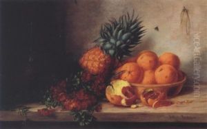 Opstilling Med Gyldenlakker, Ananas, Skal Med Appelsiner Samt Chiantiflaske Pa Et Bord Opstilling Med Gyldenlakker, Ananas, Skal Med Appelsiner Samt Chiantiflaske Pa Et Bord