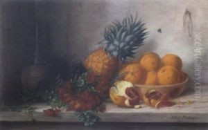 Stilleben Mit Goldlack, Ananas, Schale Mit Orangen Und Chiantiflasche