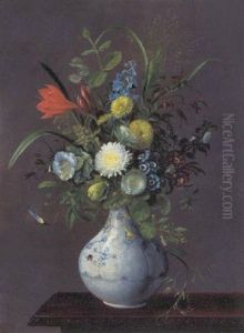 Buket Med Septemberliljer, Hyacint, Klokkeranker, Klover, Primula Og Asters I En Muselmalet Vase Pa Et Bord