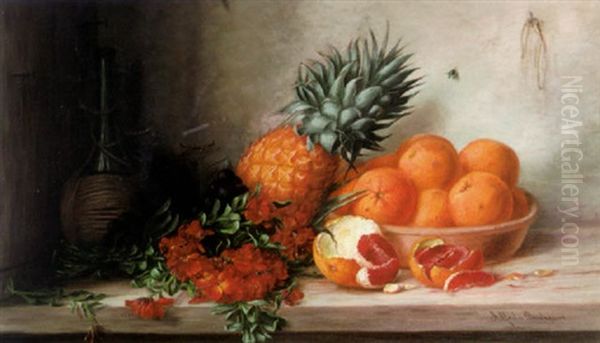 Stilleben Mit Ornagen, Ananas Und Fuchsienbluten, Chiantiflasche Und Insekt - view 1