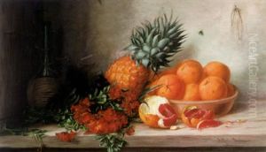 Stilleben Mit Ornagen, Ananas Und Fuchsienbluten, Chiantiflasche Und Insekt by Alfrida Baadsgaard