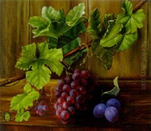 Black Grapes On A Vine With Plums On A Wooden Ledge thumbnail