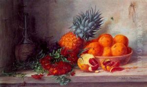 Gyldenlakker, Ananas, Skal Med Appelsiner Og Chiantiflaske Pa Et Bord Gyldenlakker, Ananas, Skal Med Appelsiner Og Chiantiflaske Pa Et Bord