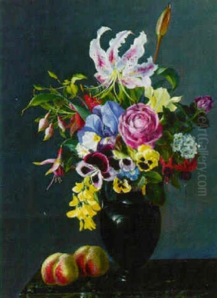Lilies, Roses, Pansies And Fushcia In A Vase On A Ledge With Apples - view 1